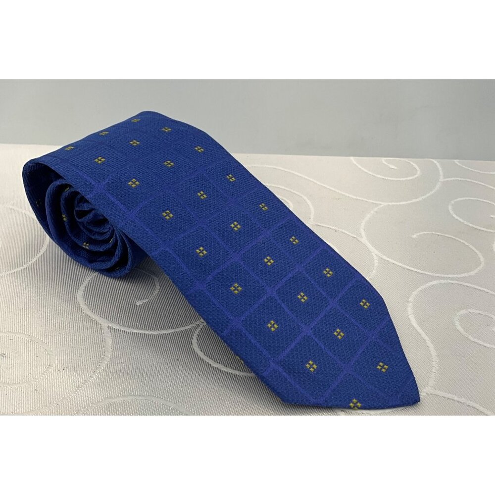 Tom James Long Men's Blue & Yellow Grid Pattern‎ Silk Tie